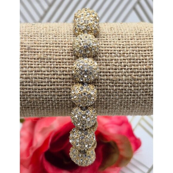 Pretty Gold Tone Crystal Encrusted Sparkly Stretch Bracelet Event Holiday - Picture 6 of 6